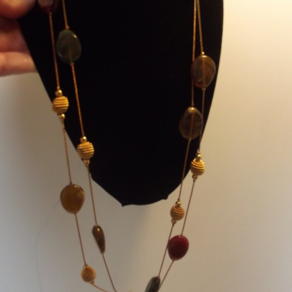Extra LONG Gold Tone Chain Necklace Amber Cranberry & Green Tones with Gold - Picture 2 of 9